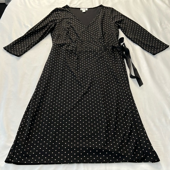LOFT Black/Taupe Polka Dot Wrap Dress with Ribbon Tie - Picture 1 of 4